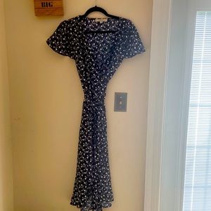 Navy blue and pink flowers.  Midi wrap dress